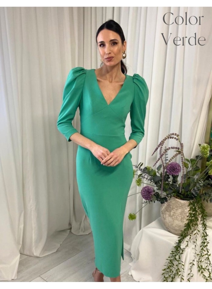 Midi dress with puffed sleeves and open back
