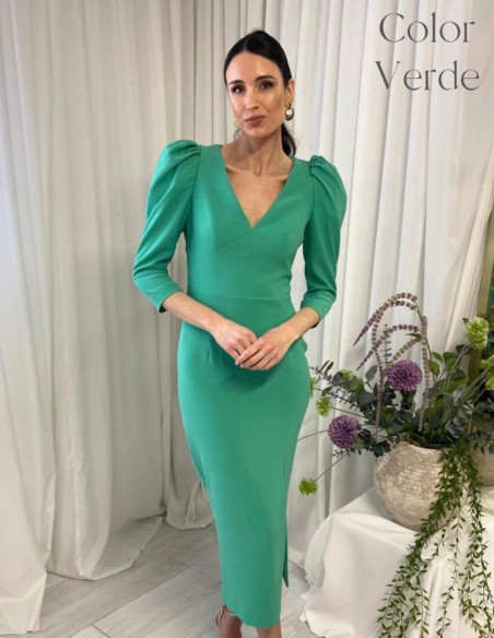 Midi dress with puffed sleeves and open back