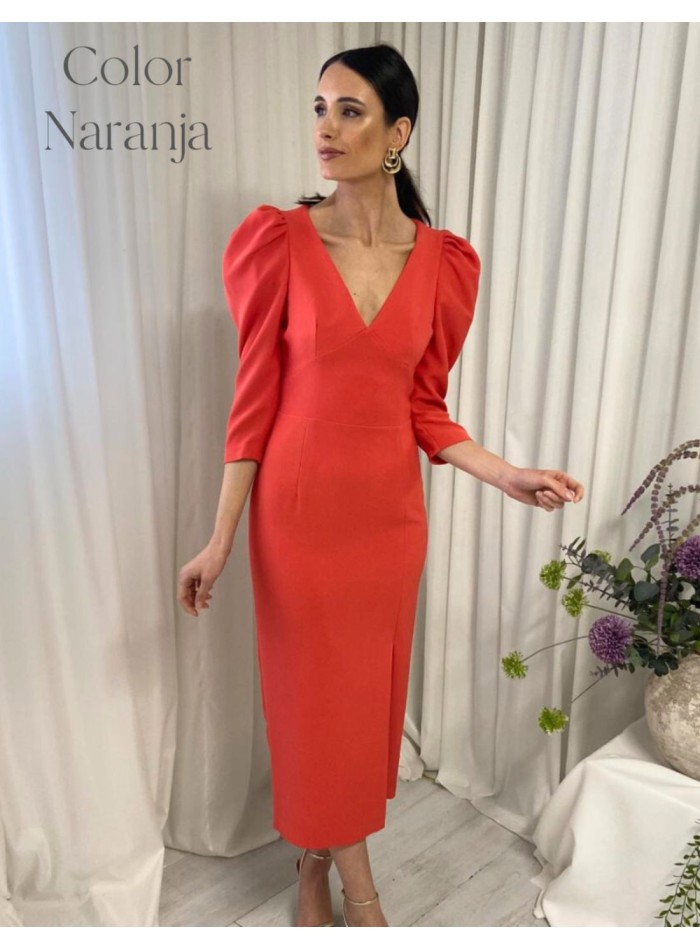 Midi dress with puffed sleeves and open back