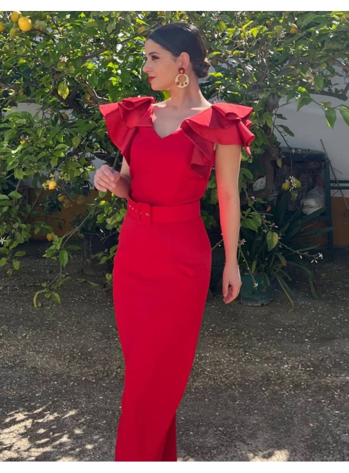 Robe midi avec manches et ceinture à volants