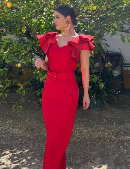 Robe midi avec manches et ceinture à volants