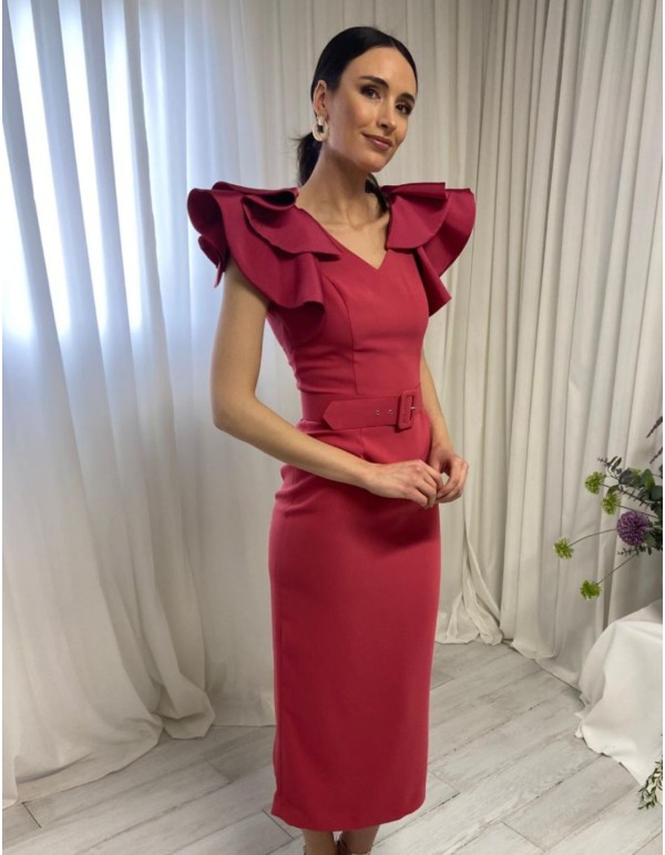 Vestido midi con volantes en la manga y cinturón 2