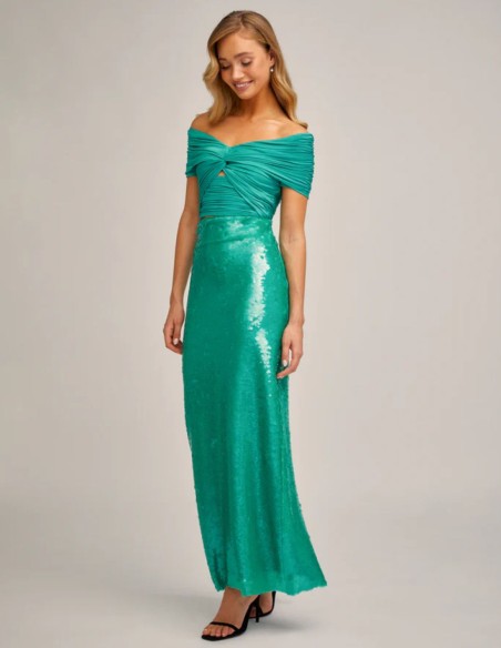 Turquoise green sequinned straight skirt with back slit