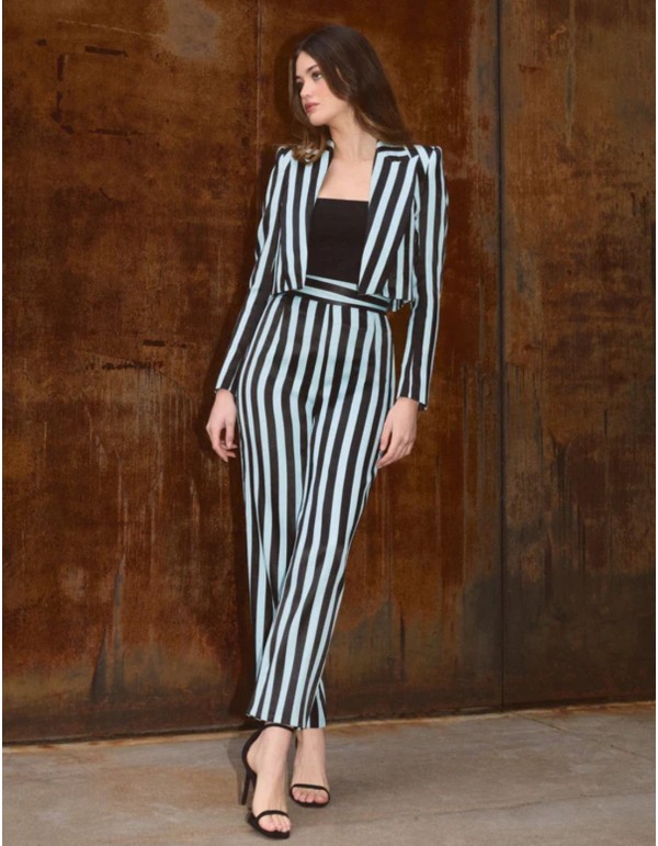 Pantalon droit noir et bleu clair avec taille haute et...