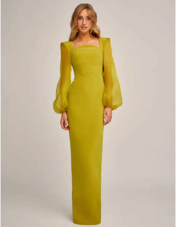 Robe longue pistache à encolure cintrée et manches...
