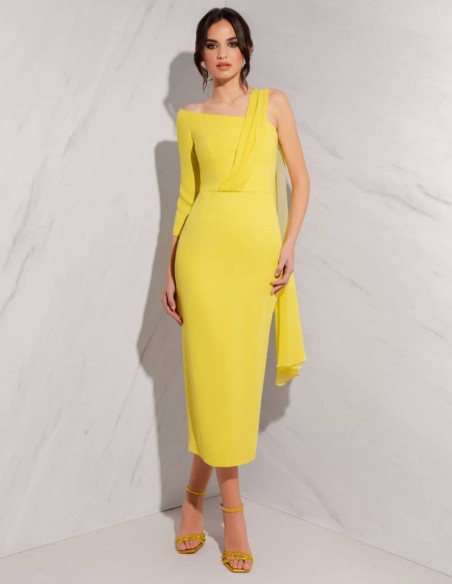 Midi dress with asymmetrical neckline and shawl
