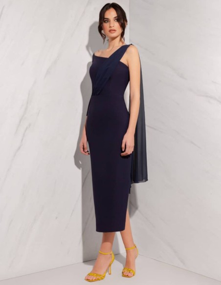Midi dress with asymmetrical neckline and shawl