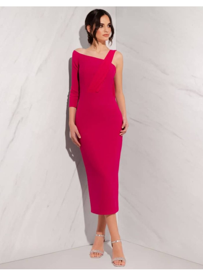 Midi dress with asymmetrical neckline and shawl