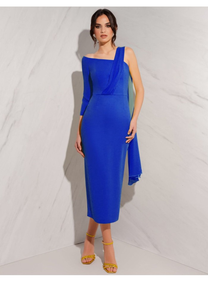 Midi dress with asymmetrical neckline and shawl