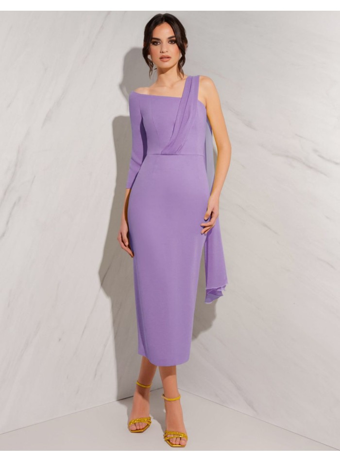 Midi dress with asymmetrical neckline and shawl