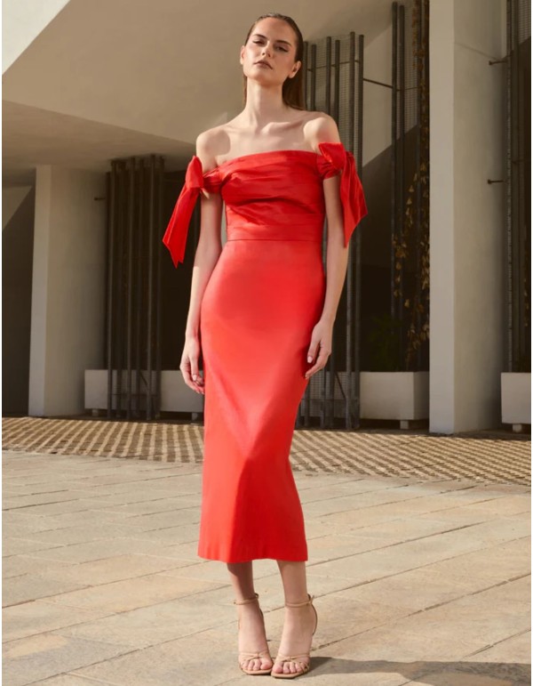 Robe midi rouge extensible avec corsage drapé
