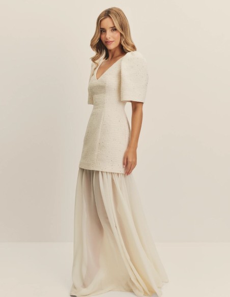 Tweed and chiffon wedding dress with puffed sleeves