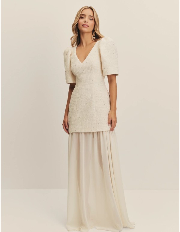 Tweed and chiffon wedding dress with puffed sleeves 2