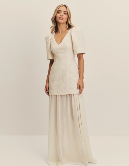 Robe de mariée en tweed et mousseline de soie avec manches bouffantes