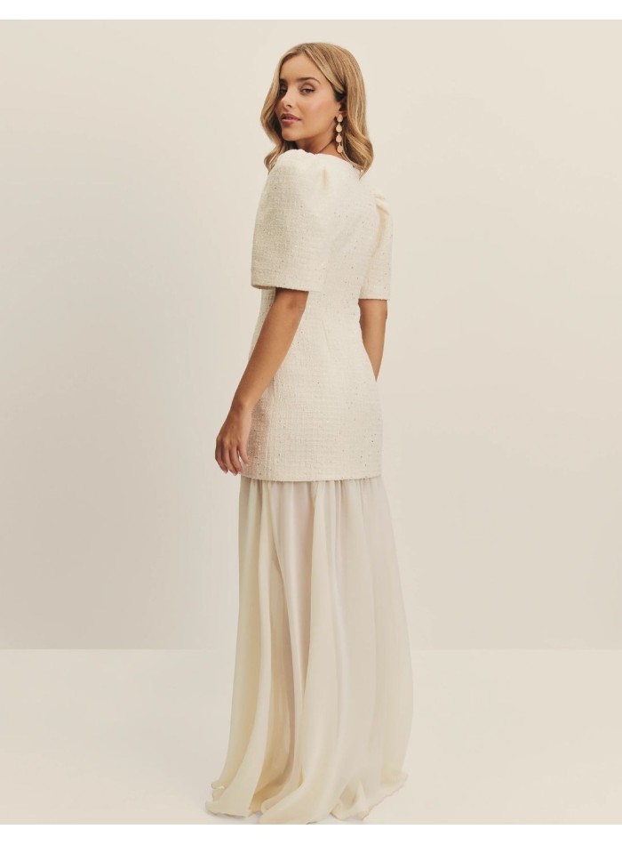 Tweed and chiffon wedding dress with puffed...