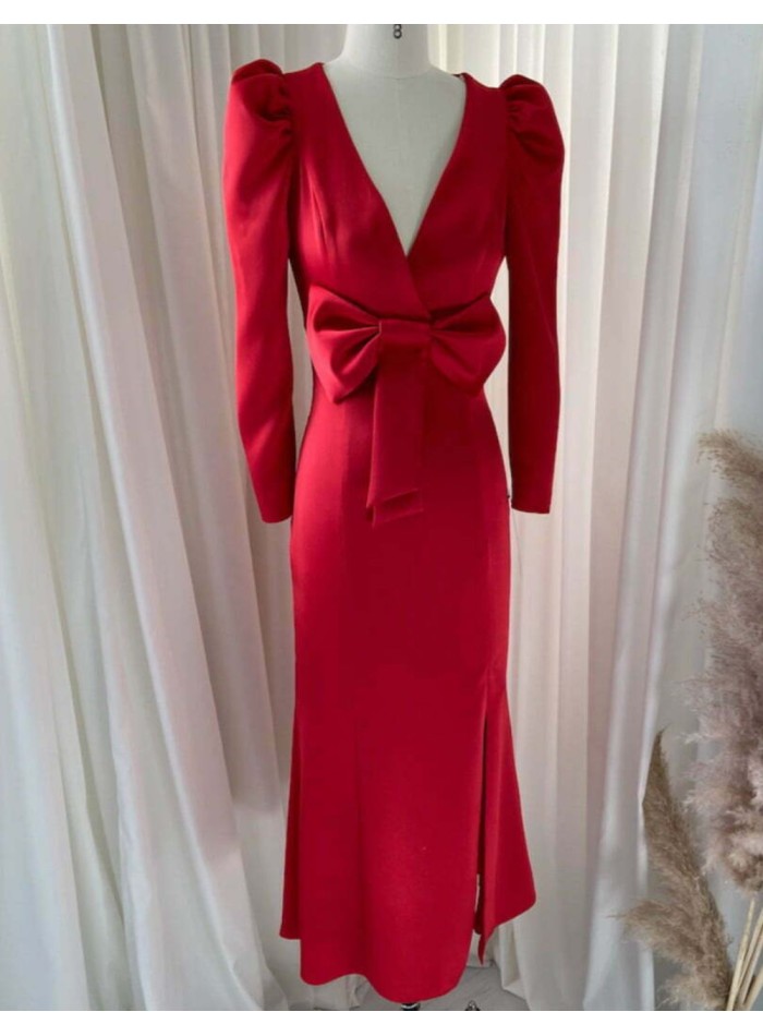 Satin midi dress with puffed sleeves and bow