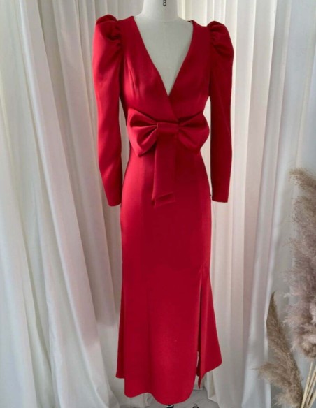 Satin midi dress with puffed sleeves and bow