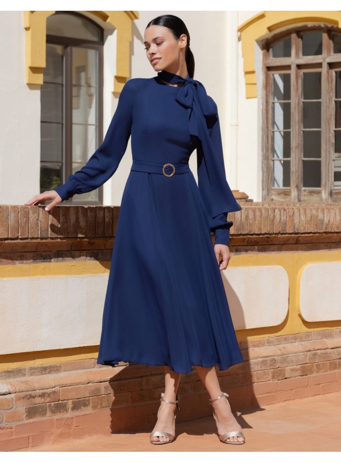 Midi dress in chiffon fabric with neck tie