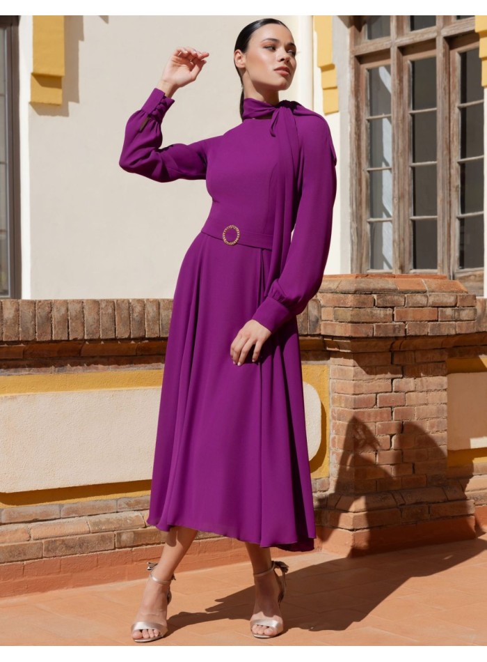 Midi dress in chiffon fabric with neck tie