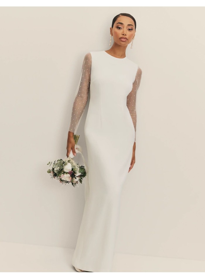 Robe de mariée longue avec encolure fermée et...