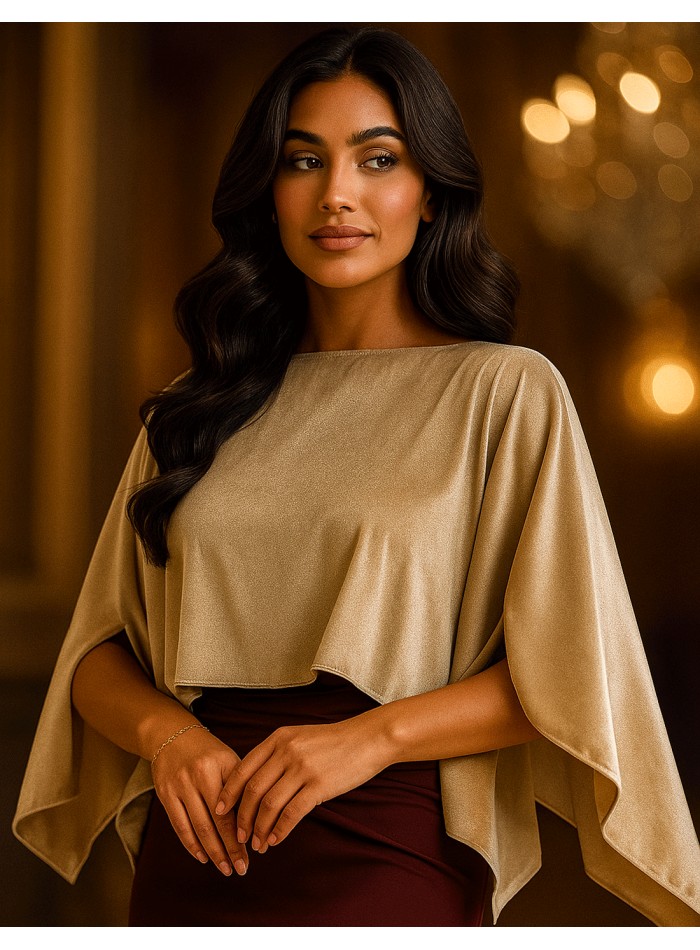 Short velvet guest cape with slits in beige color