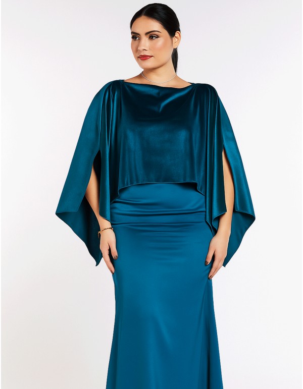 Fine velvet cape with slits in petroleum blue color