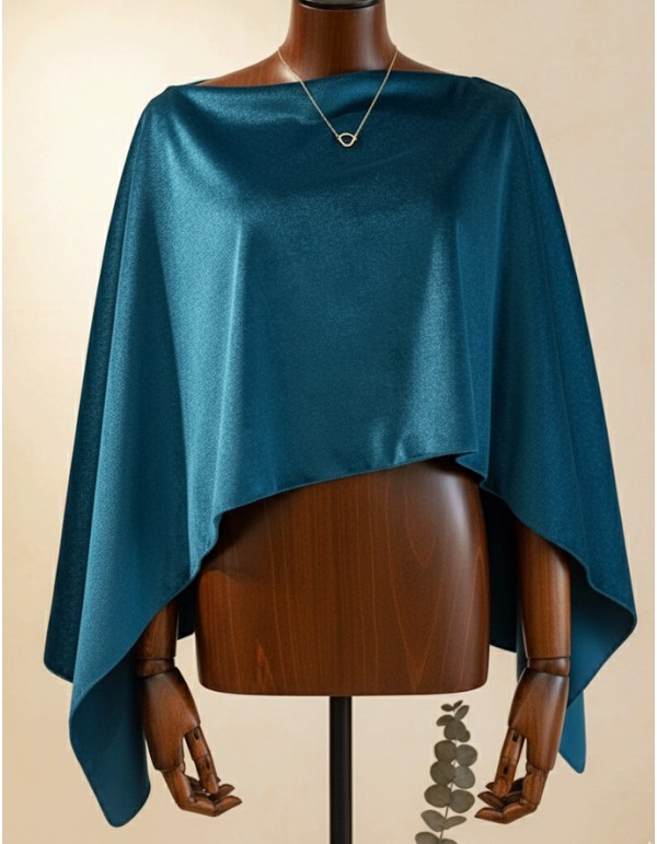 Fine velvet cape with slits in petroleum blue color 2