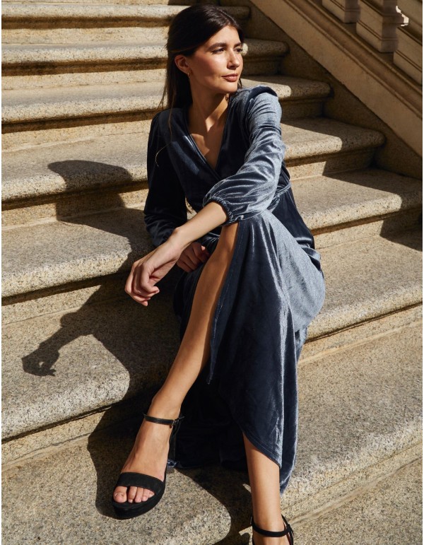 Pearl gray velvet midi coat with crossover neckline