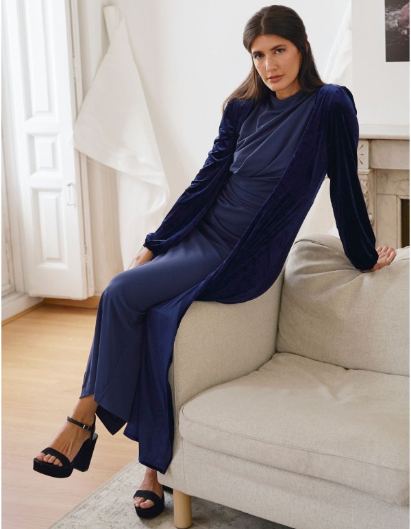 Blue velvet midi coat with crossover neckline