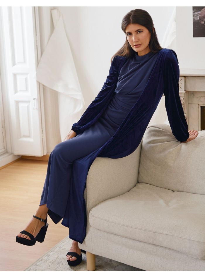 Manteau midi en velours bleu avec encolure croisée