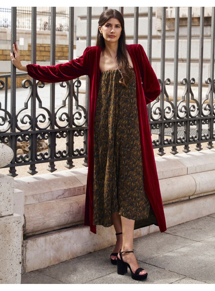 Manteau midi en velours rouge avec encolure...