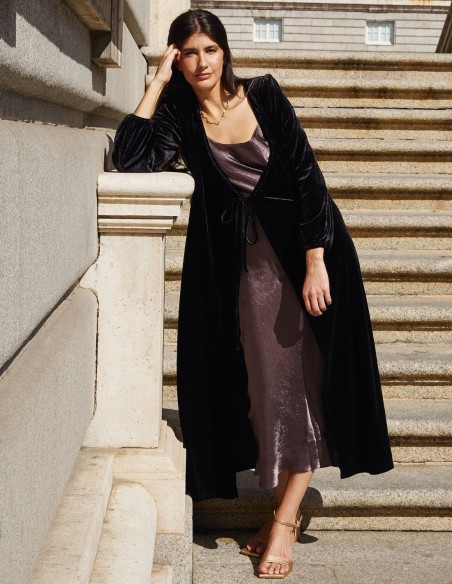 Black velvet midi coat with crossover neckline