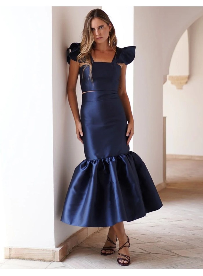 Midi skirt in navy blue mikado with ruffles