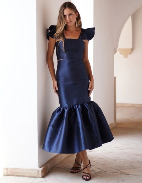 Midi skirt in navy blue mikado with ruffles