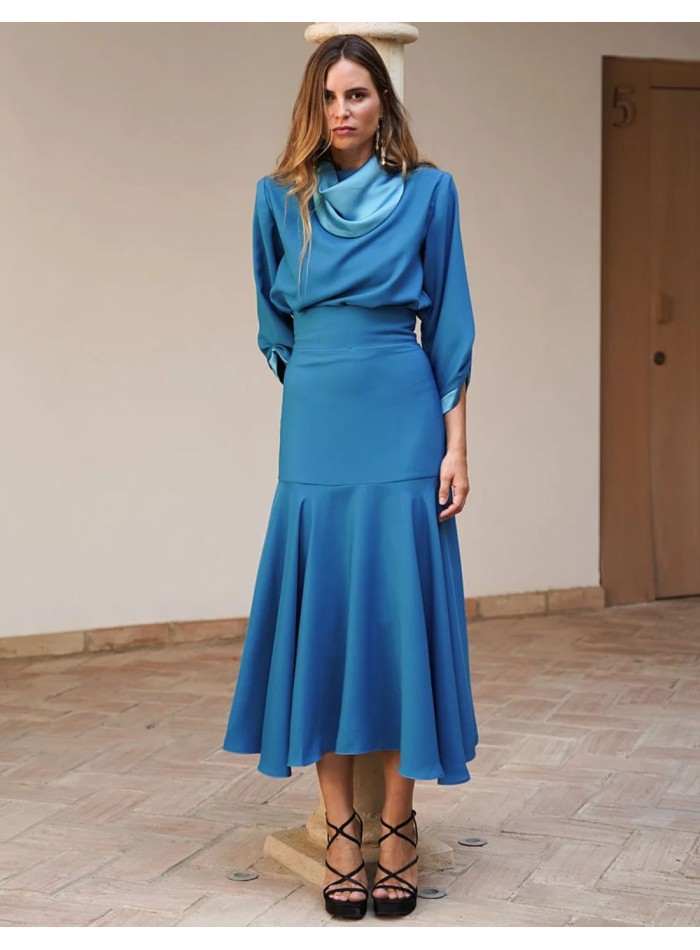 Jupe midi à taille large turquoise avec ourlet...