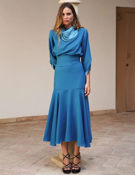 Jupe midi à taille large turquoise avec ourlet superposé