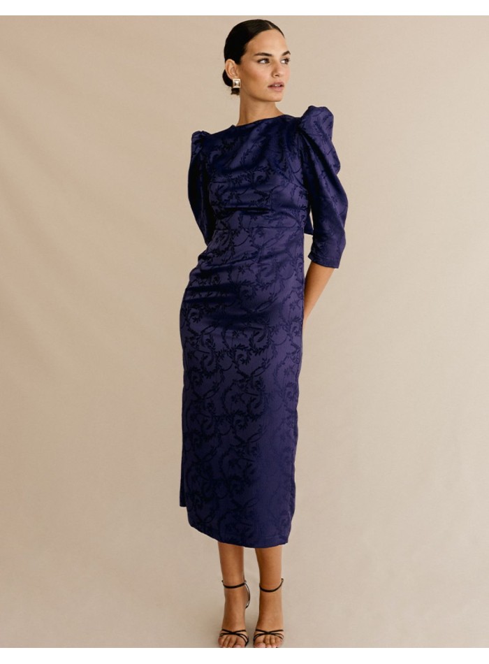 Robe midi en brocart avec manches bouffantes et...