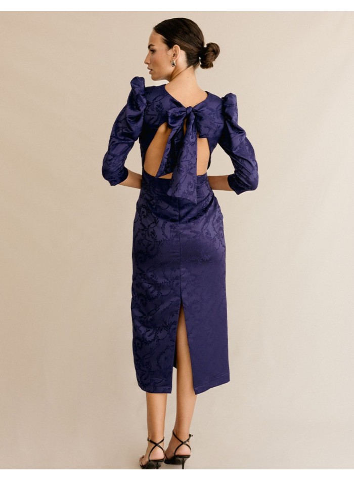 Robe midi en brocart avec manches bouffantes et...