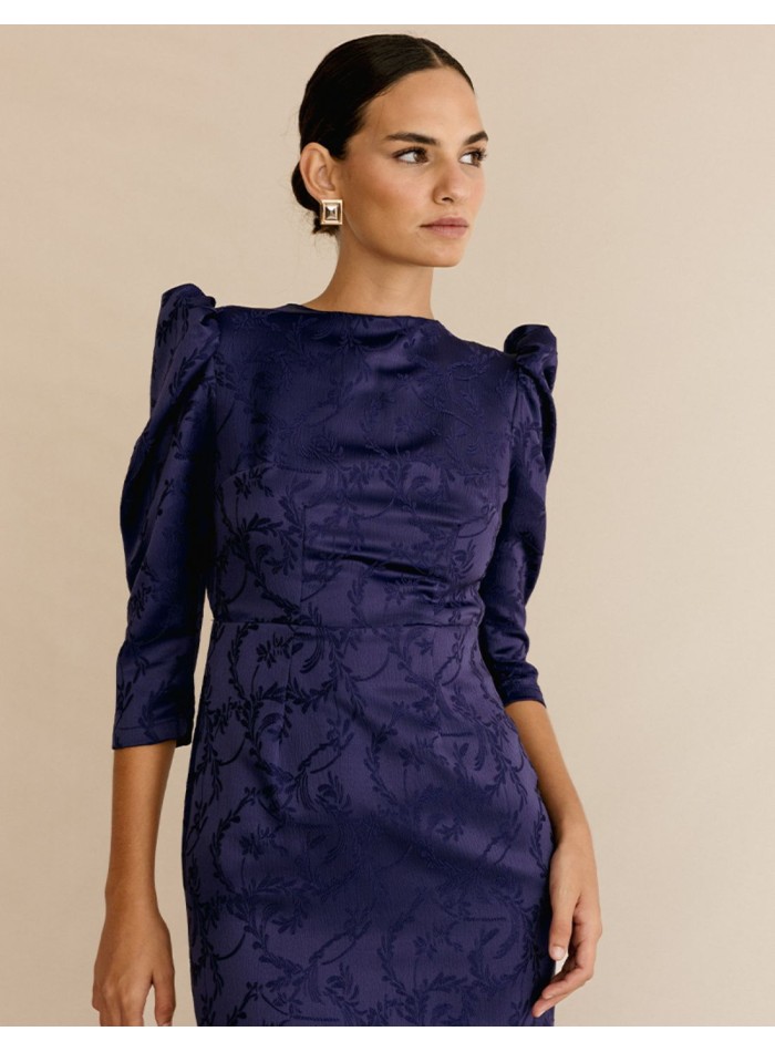 Robe midi en brocart avec manches bouffantes et...