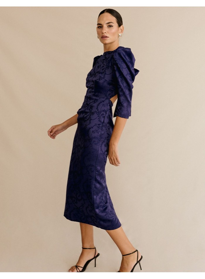 Vestido midi brocado con mangas abullonadas y lazada para invitada
