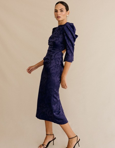 Vestido midi brocado con mangas abullonadas y lazada para invitada