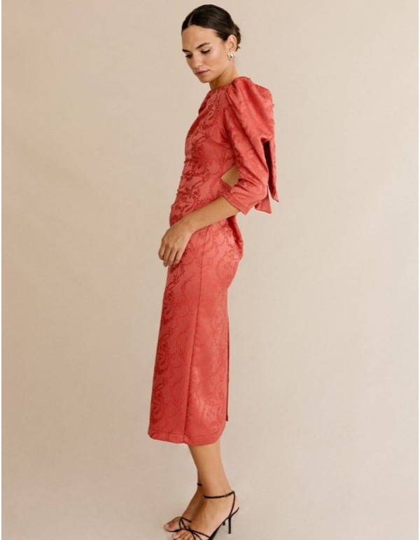 Robe midi en brocart avec manches bouffantes et laçage 2