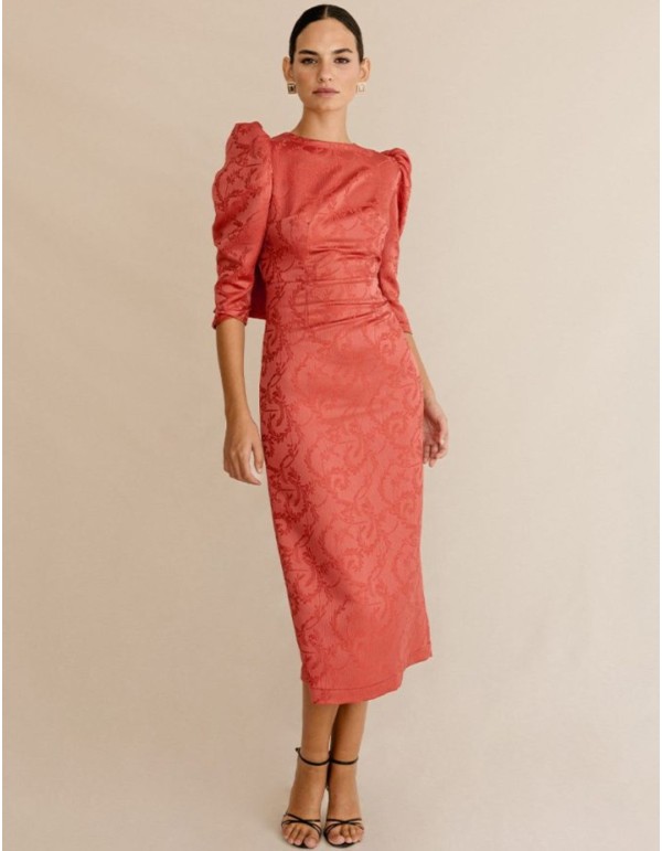 Brocade midi dress with puffed sleeves and lacing