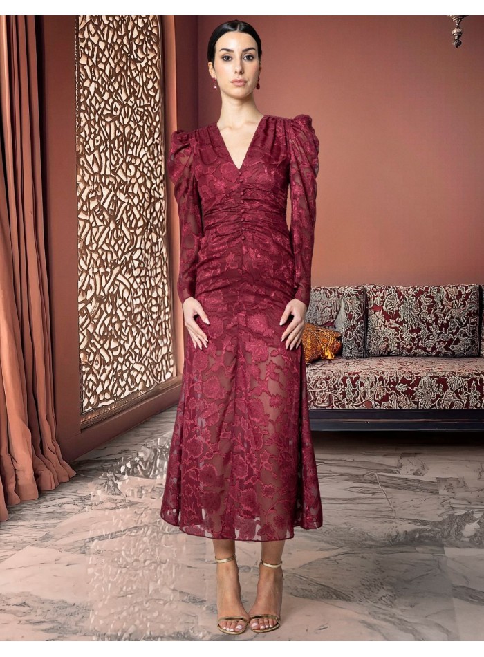 Floral midi dress with V-neckline and burgundy...