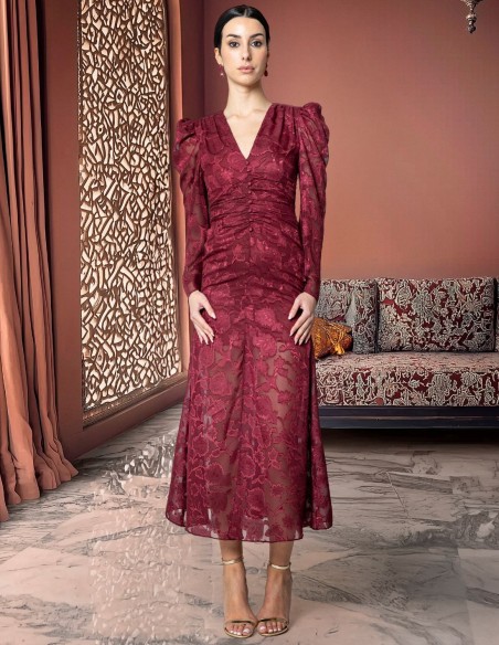 Floral midi dress with V-neckline and burgundy flared sleeves