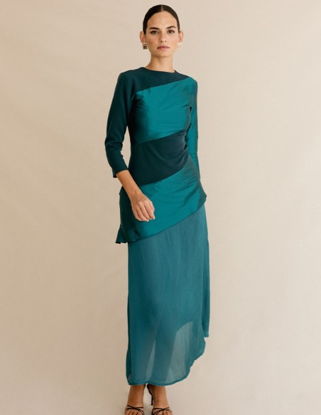 Vestido de fiesta con mezcla de tejidos y falda de gasaverde petroleo