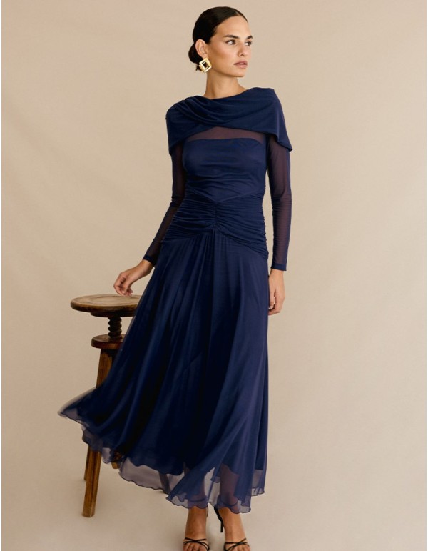 Robe de soirée midi en maille drapée avec jupe flottante