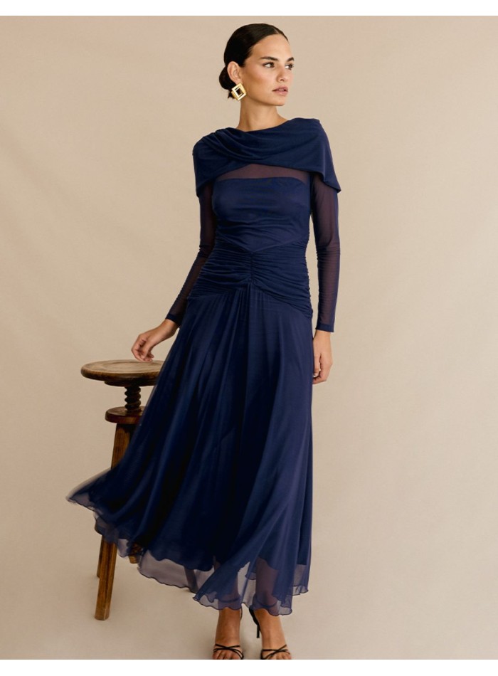 Robe de soirée midi en maille drapée avec jupe...