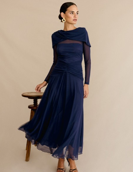 Vestido de fiesta midi en punto drapeado con falda vaporosa