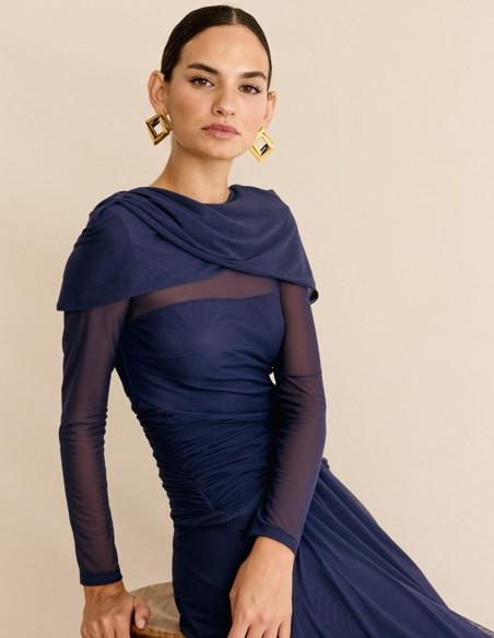 Vestido de fiesta midi en punto drapeado con falda vaporosa invitada de otoño